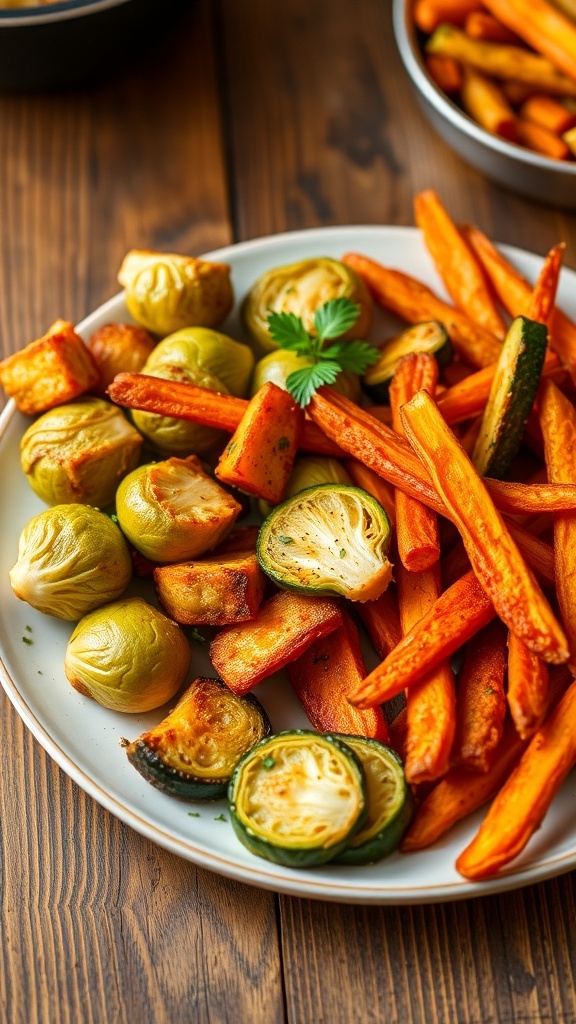 Crispy Air Fryer Vegetable Sides Crispy air fryer vegetable sides including Brussels sprouts, zucchini fries, and roasted carrots on a rustic wooden table.